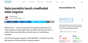 Swiss journalists launch crowdfunded online magazine par AP - Associated Press (Berlin) via Business Insider